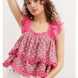 Anthropologie Let Me Be Eyelet Swing Top Pink Floral Size XS